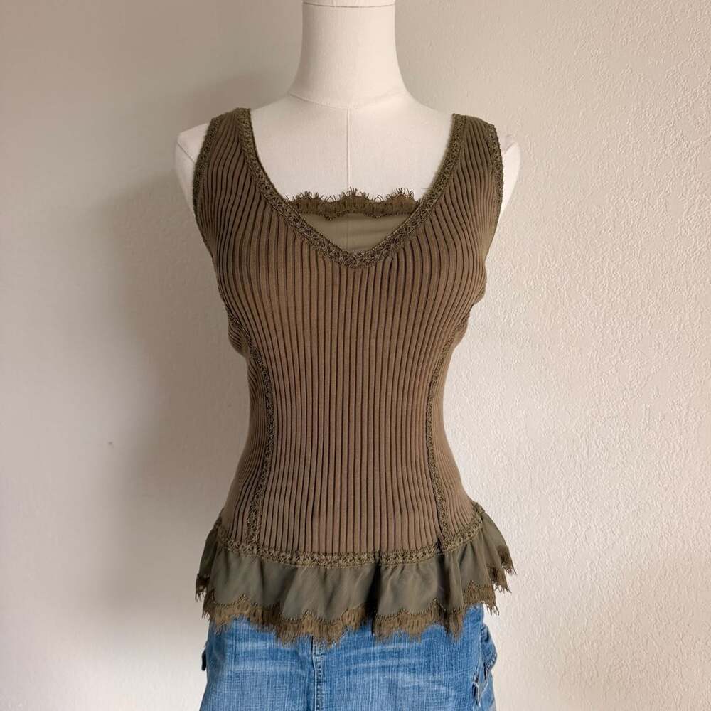 Kenar Ribbed Ruffle Fairy Tank Top Blouse Small Forest Green Lace Trim